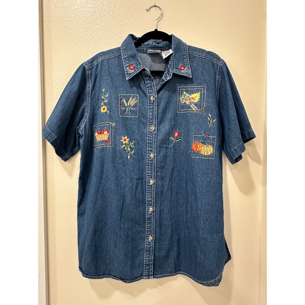 Bobbie Brooks Woman Denim Fall Embroidered Shirt Plus 14W 16W Pumpkin Apple Blue